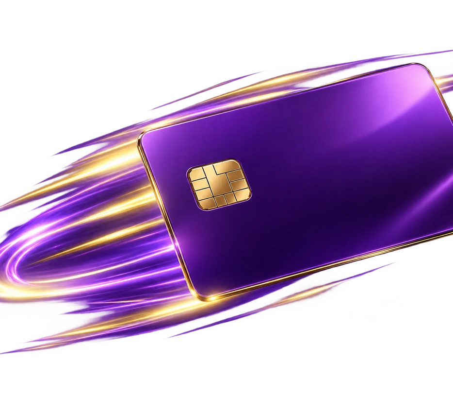 Purple Mastercard-style payment card with gold lettering