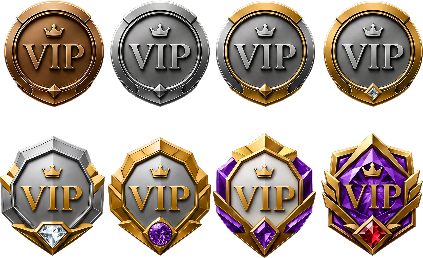 Decorative set of eight metallic badges