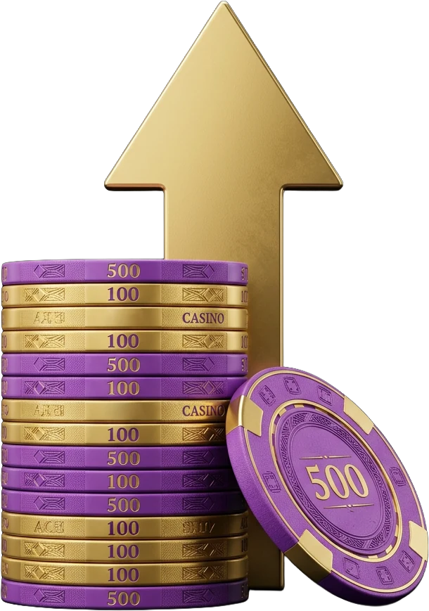 Stack of purple and gold poker chips marked 100 and 500, standing for a session budget set in advance