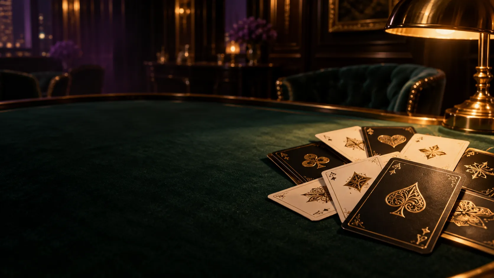 Scattered playing cards on a baize table in a private VIP room
