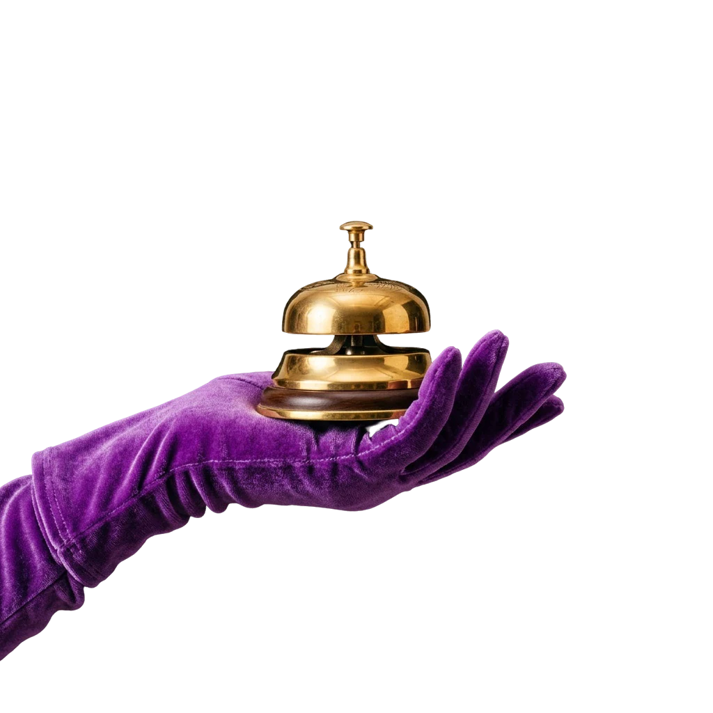 Gold serving bell held by a purple velvet glove, ready to answer questions