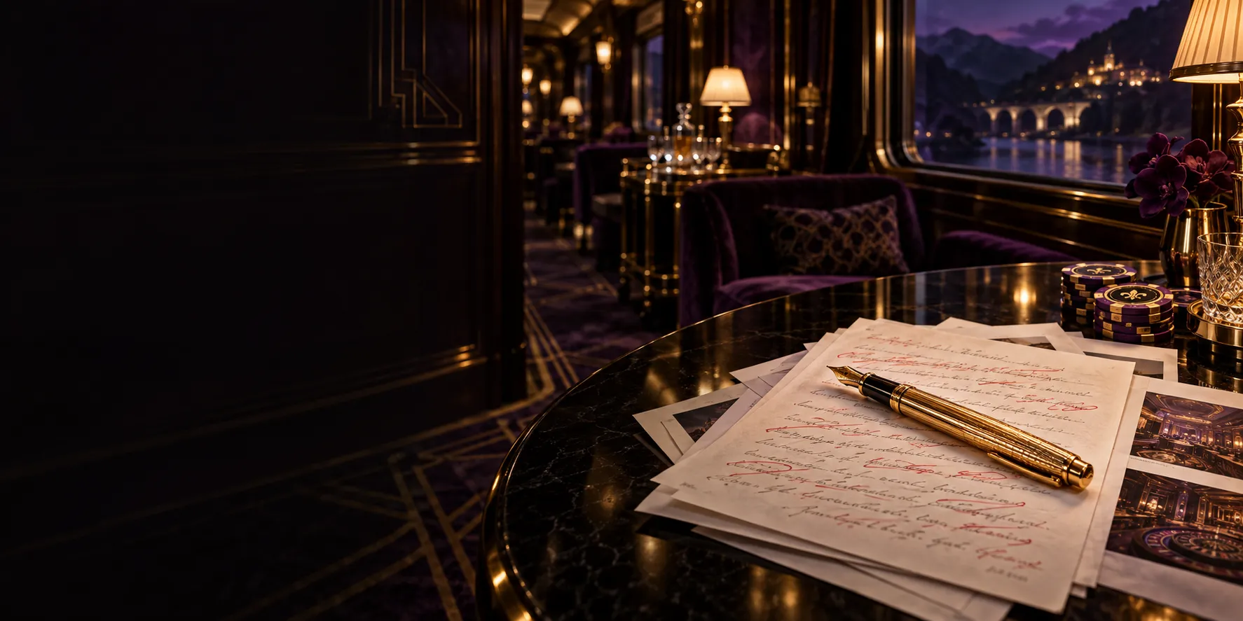 Gold fountain pen on edited pages in a luxury train lounge car