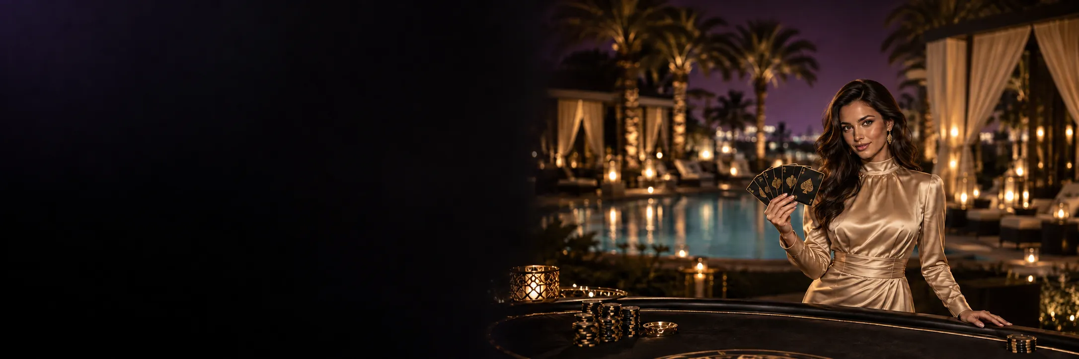 Elegant woman in champagne satin fanning a royal hand of cards at a poolside poker table