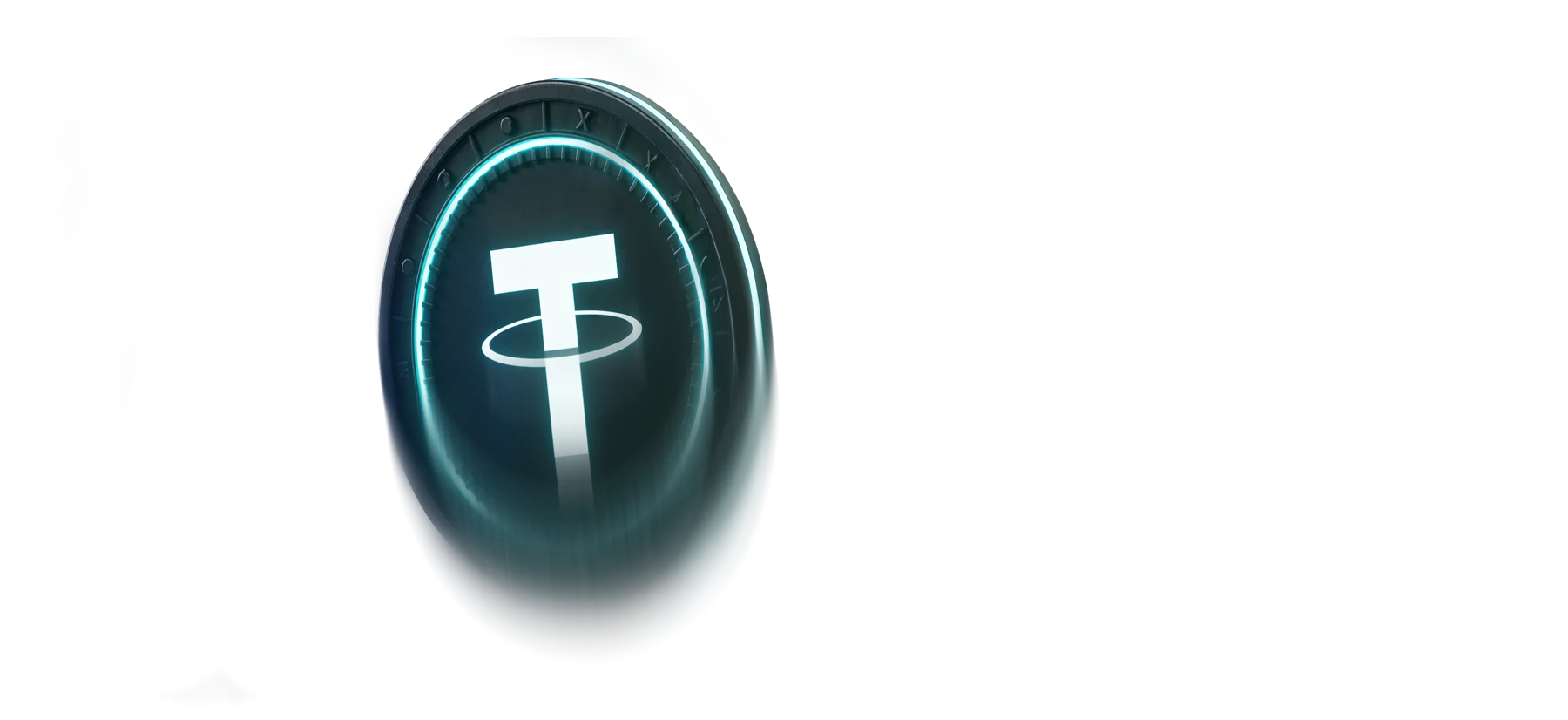 Glowing teal Tether coin marked with the letter T