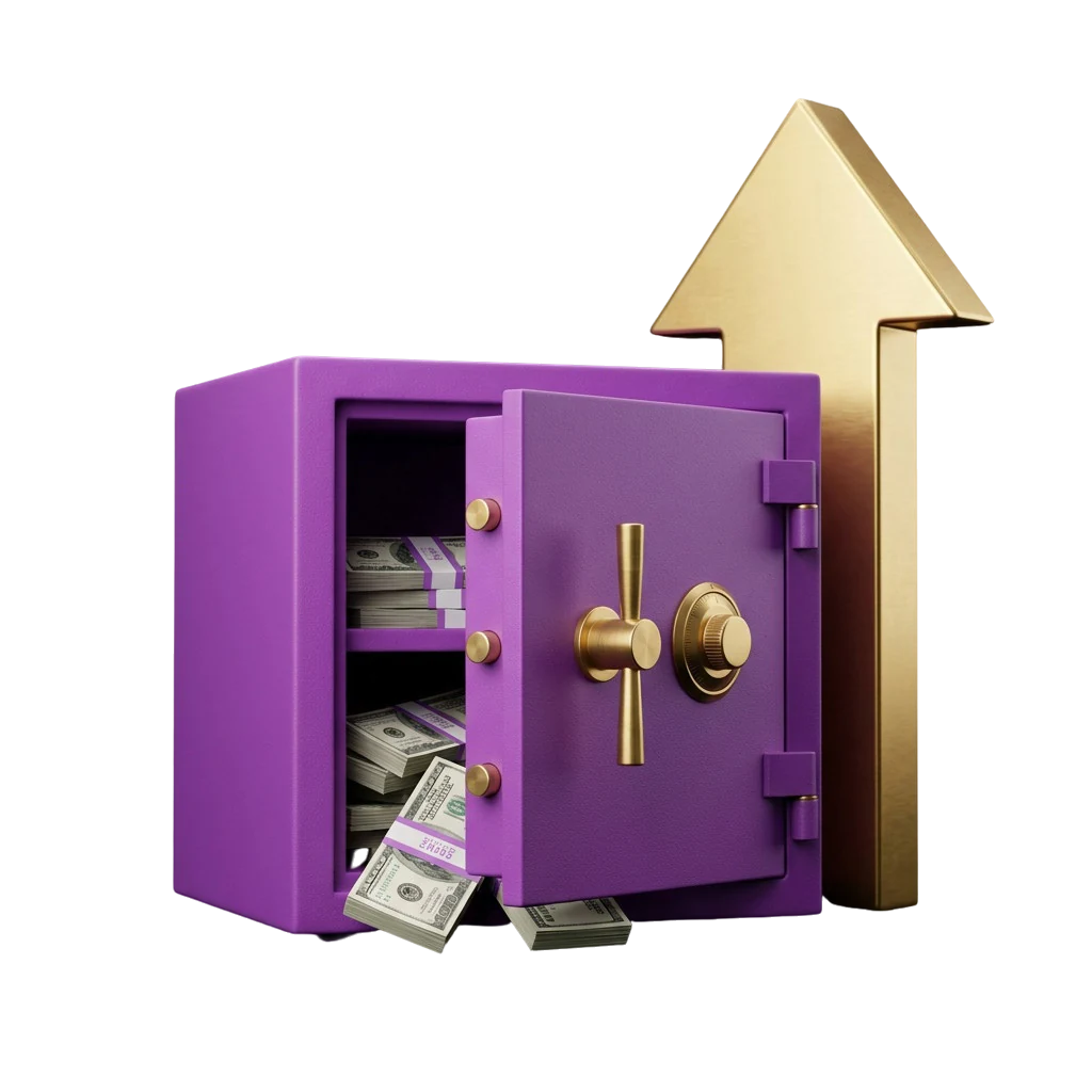 Purple safe with its door slightly open and cash spilling out