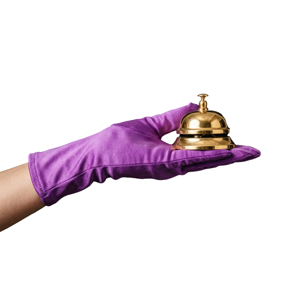 Gold desk bell held in a purple satin glove, a call for help from Here2Win Casino support