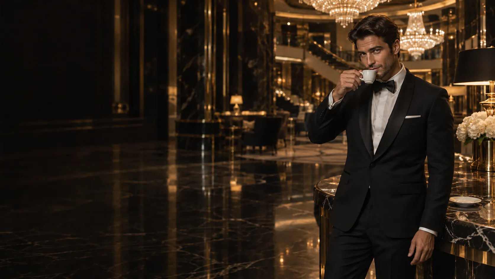 Man in a tuxedo calmly holding an espresso cup in a crystal-lit atrium
