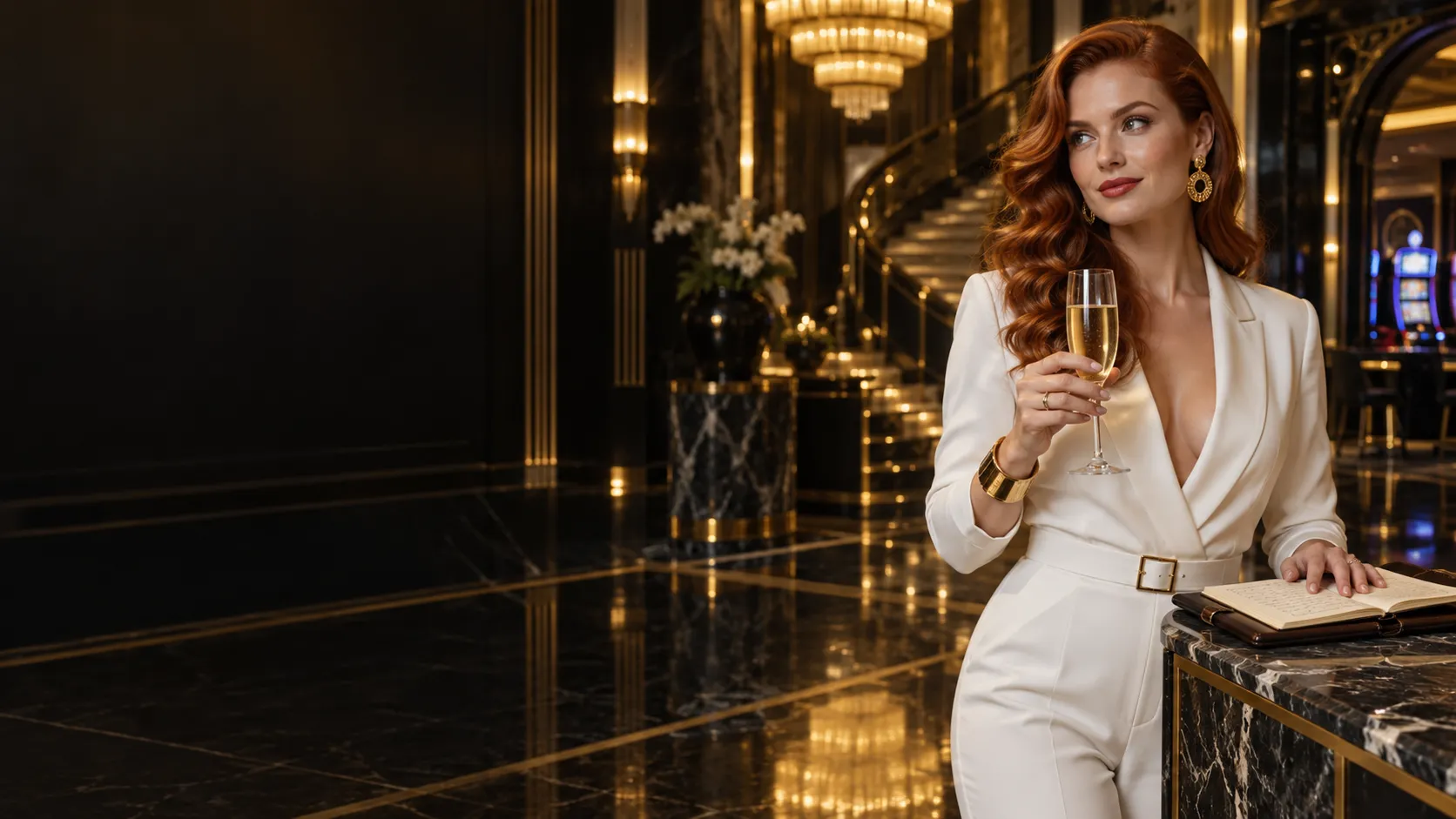 Woman in a white jumpsuit with champagne and a notebook in an art-deco foyer