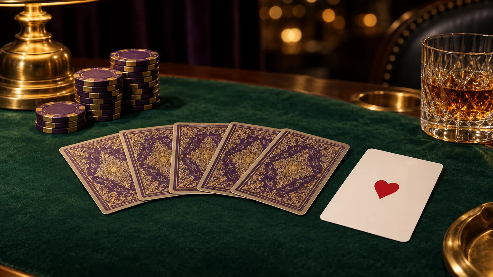 Card table in a casino lounge, a backdrop for the checks behind this Here2Win Casino review
