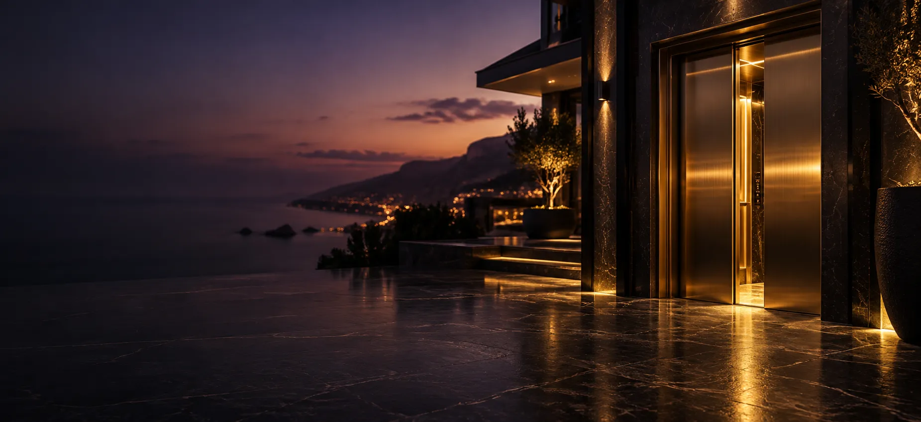 Gold private elevator door opening onto a cliffside villa terrace