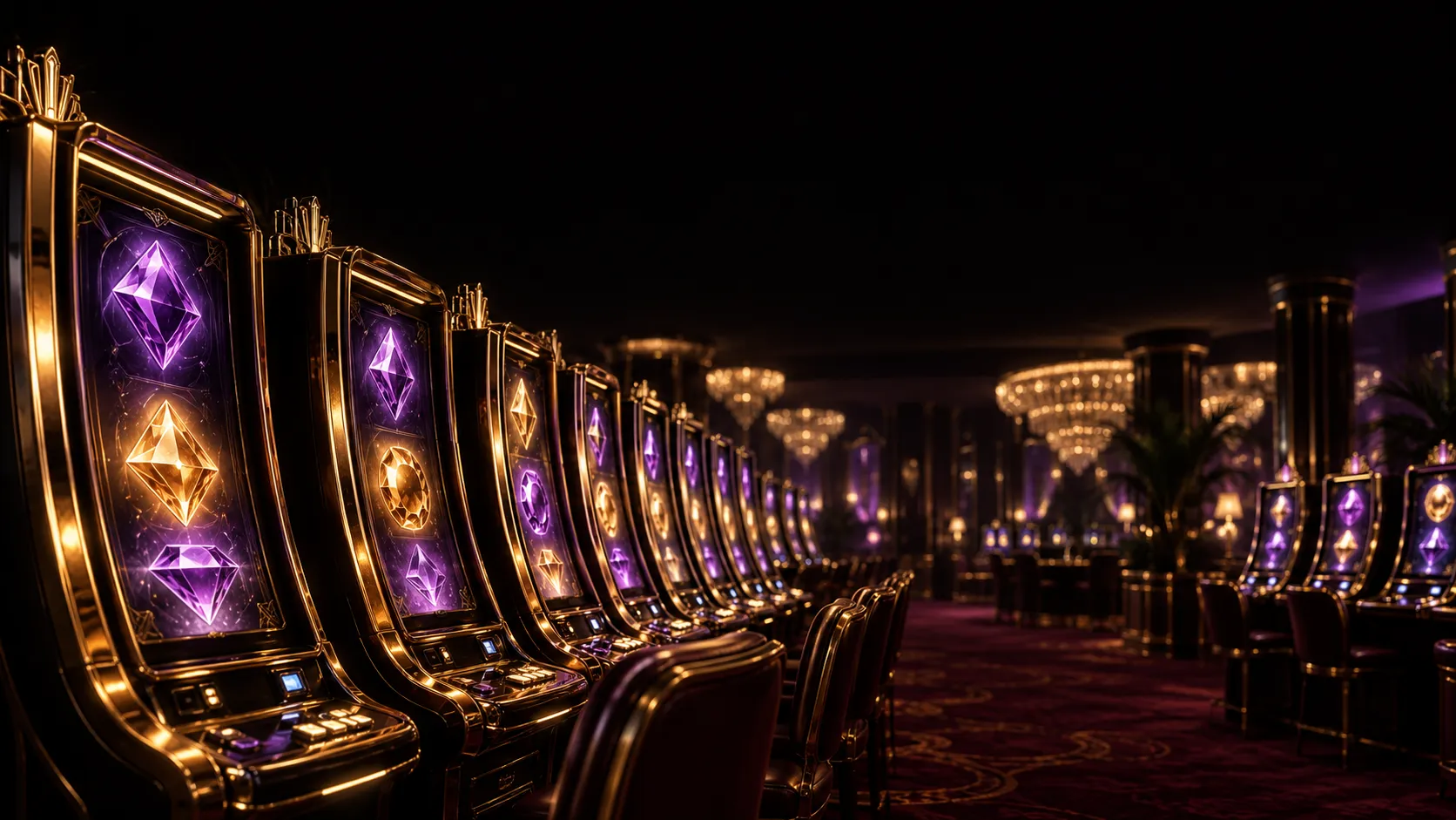 Row of glowing slot cabinets in a softly lit casino hall