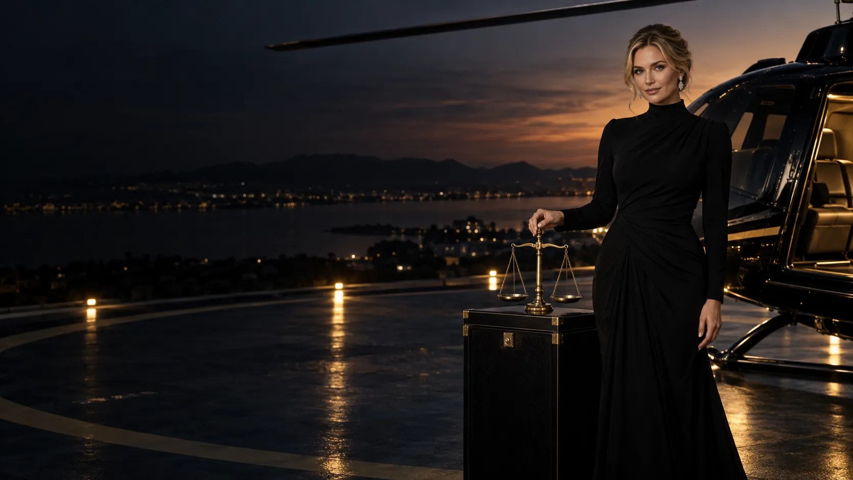 Woman in a black gown beside brass scales on a helipad at dusk, an image for the Here2Win Casino guide terms