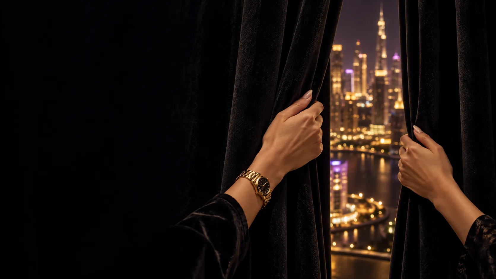 Hands closing a velvet curtain in a penthouse above a night skyline