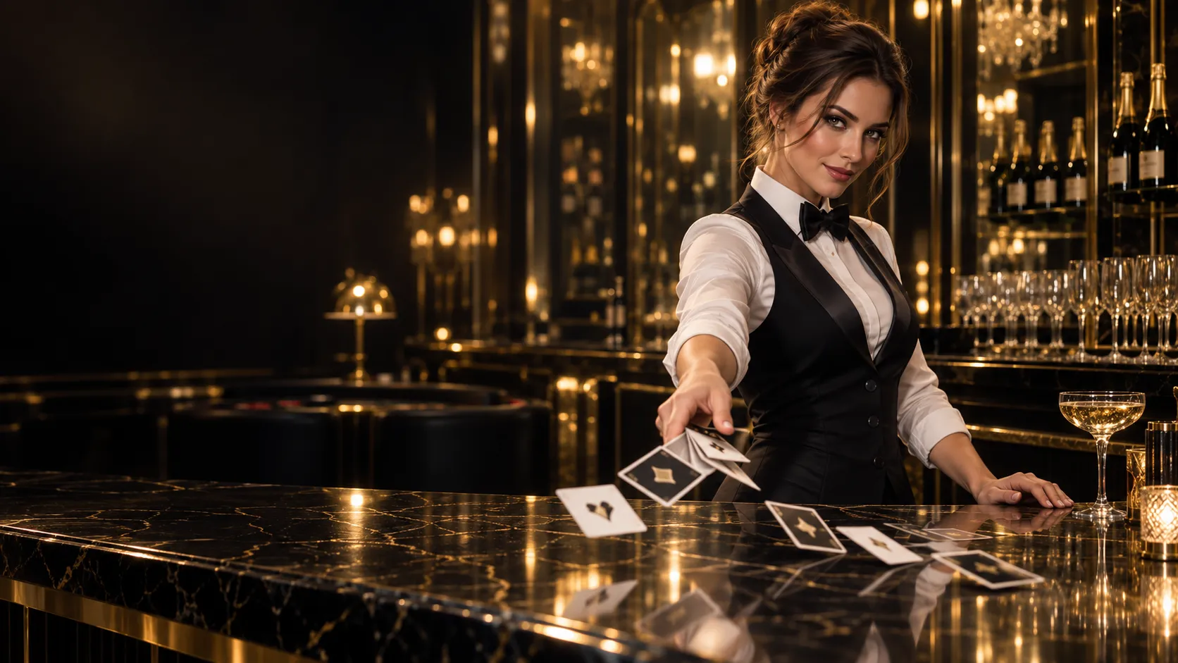 Croupier flicking playing cards across a champagne bar
